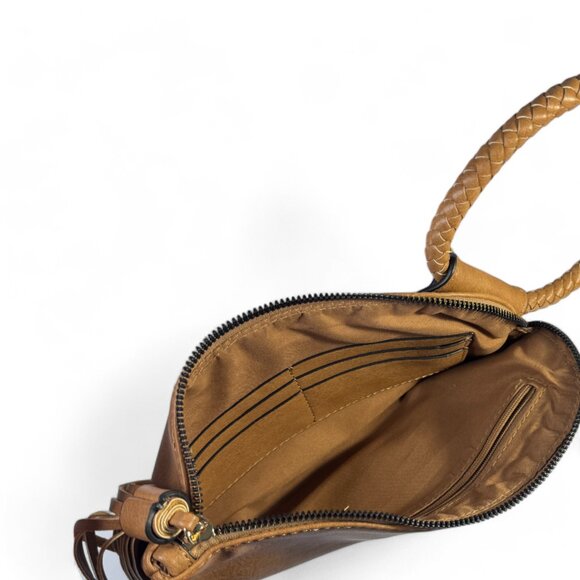 BoHo Vegan Leather Clutch with Braided Cognac Colored Wristlet Handle & Tassels - Picture 7 of 8